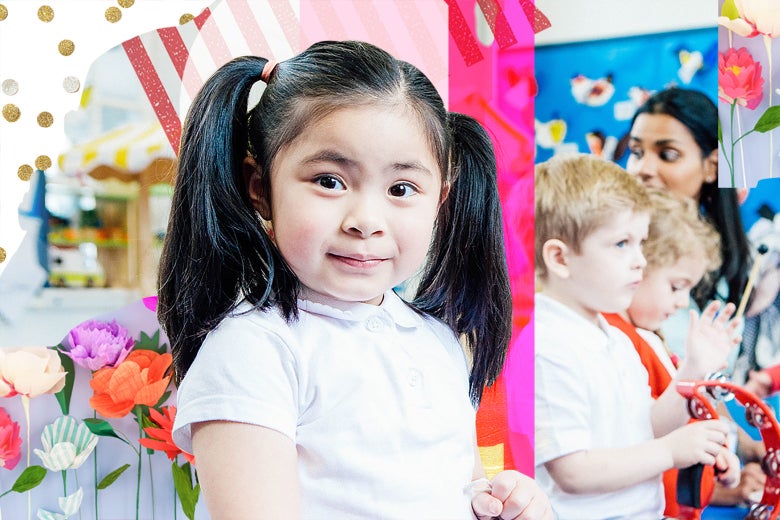 A little girl in a day care center with collage elements all around her.